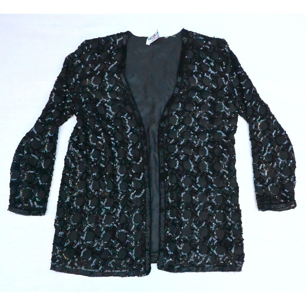 Scala Vintage 90s Womens Black Sequin Silk Beaded Open Front Duster Jacket Lined